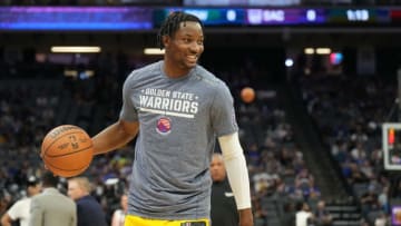 Apr 3, 2022; Sacramento, California, USA; Golden State Warriors forward Jonathan Kuminga (00) warms up before the game against the Sacramento Kings at Golden 1 Center. Mandatory Credit: Darren Yamashita-USA TODAY Sports