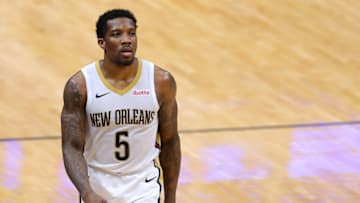 NEW ORLEANS, LOUISIANA - MARCH 01: Eric Bledsoe #5 of the New Orleans Pelicans reacts against the Utah Jazz during a game at the Smoothie King Center on March 01, 2021 in New Orleans, Louisiana. NOTE TO USER: User expressly acknowledges and agrees that, by downloading and or using this Photograph, user is consenting to the terms and conditions of the Getty Images License Agreement. (Photo by Jonathan Bachman/Getty Images)
