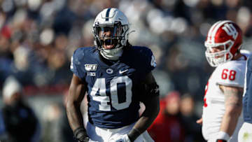 STATE COLLEGE, PA - NOVEMBER 16: Jesse Luketa #40 of the Penn State Nittany Lions reacts to a play against the Indiana Hoosiers during the first half at Beaver Stadium on November 16, 2019 in State College, Pennsylvania. (Photo by Scott Taetsch/Getty Images)