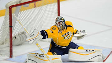 Nashville Predators goalie Carter Hutton (30) makes a save. Mandatory Credit: Christopher Hanewinckel-USA TODAY Sports