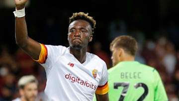 ARECHI STADIUM, SALERNO, CAMPANIA, ITALY - 2021/08/29: Roma's English forward Tammy Abraham celebrates after scoring a goal during the Italian Serie A football match US Salernitana 1919 vs AS Roma.Roma won 4-0. (Photo by Carlo Hermann/KONTROLAB/LightRocket via Getty Images)