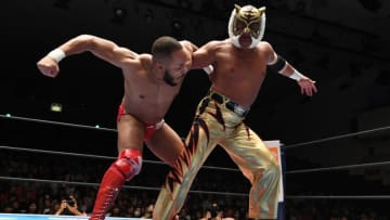 TOKYO,JAPAN - MAY 23: Tiger Mask and Jonathan Gresham compete in the bout during the New Japan Pro-Wrestling 'Best Of Super Jr.' at Korakuen Hall on May 23, 2019 in Tokyo, Japan. (Photo by Etsuo Hara/Getty Images) (Photo by Etsuo Hara/Getty Images)