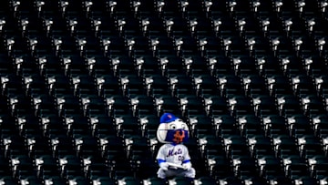 NEW YORK, NEW YORK - AUGUST 12: Mr. Met sits amongst empty seats with a mask on during the game between the New York Mets and the Washington Nationals at Citi Field on August 12, 2020 in New York City. Due to concerns of the spread of the coronavirus, MLB games are being played without fans. (Photo by Steven Ryan/Getty Images)