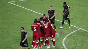 HONG KONG - JULY 22: Liverpool players celebrate a goal by Philippe Coutinho during the Premier League Asia Trophy match between Liverpool FC and Leicester City FC at Hong Kong Stadium on July 22, 2017 in Hong Kong, Hong Kong. (Photo by Stanley Chou/Getty Images )