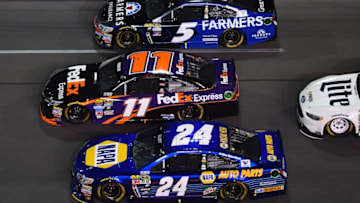 Feb 18, 2016; Daytona Beach, FL, USA; NASCAR Sprint Cup Series driver Chase Elliott (24), Denny Hamlin (11) and Kasey Kahne (5) during the Cam-Am Duels at Daytona race one at Daytona International Speedway. Mandatory Credit: Mike DiNovo-USA TODAY Sports