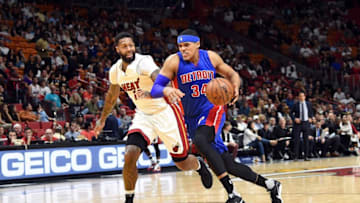 Jan 1, 2017; Miami, FL, USA; Detroit Pistons forward Tobias Harris (34) drives to the basket as Miami Heat forward James Johnson (16) defends during the first half at American Airlines Arena. Mandatory Credit: Steve Mitchell-USA TODAY Sports
