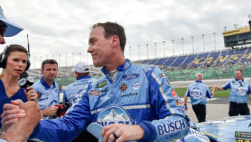 Monster Energy NASCAR Cup Series driver Kevin Harvick is congratulated after winning the pole position during qualifying on Friday, May 11, 2018, at Kansas Speedway in Kansas City, Kan. (John Sleezer/Kansas City Star/TNS via Getty Images)