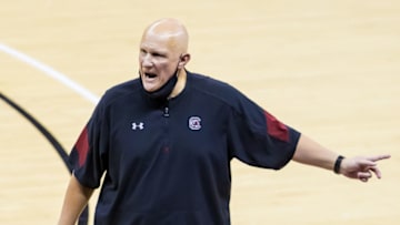 Feb 9, 2021; Columbia, South Carolina, USA; South Carolina Gamecocks head coach Frank Martin gestures against the Alabama Crimson Tide in the second half at Colonial Life Arena. Mandatory Credit: Jeff Blake-USA TODAY Sports