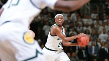 EAST LANSING, MI - DECEMBER 03: Cassius Winston #5 of the Michigan State Spartans looks to pass the ball in the first half against the Iowa Hawkeyes at Breslin Center on December 3, 2018 in East Lansing, Michigan. (Photo by Rey Del Rio/Getty Images)