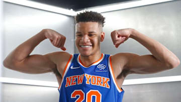 TARRYTOWN, NY - AUGUST 12: Kevin Knox #20 of the New York Knicks flexes during the 2018 NBA Rookie Shoot on August 12, 2018 at the Madison Square Garden Training Center in Tarrytown, New York. NOTE TO USER: User expressly acknowledges and agrees that, by downloading and/or using this Photograph, user is consenting to the terms and conditions of the Getty Images License Agreement. Mandatory Copyright Notice: Copyright 2018 NBAE (Photo by Michelle Farsi/NBAE via Getty Images)