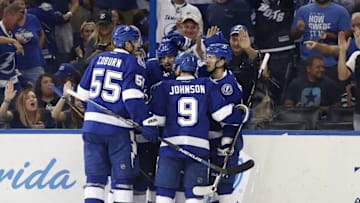 Oct 18, 2016; Tampa, FL, USA; Tampa Bay Lightning left wing Alex Killorn (17) celebrates with teammates after scoring a goal against Florida Panthers during the second period at Amalie Arena. Mandatory Credit: Kim Klement-USA TODAY Sports