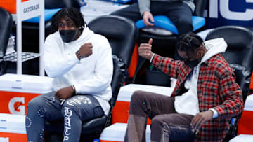 OKC Thunder forward Luguentz Dort (L) and guard Shai Gilgeous-Alexander (R) react: Alonzo Adams-USA TODAY Sports
