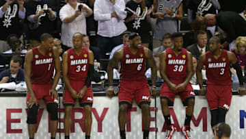 Chris Bosh #1, Ray Allen #34, LeBron James #6, Norris Cole #30 and Dwyane Wade #3 of the Miami Heat (Photo by Joe Murphy/NBAE via Getty Images)