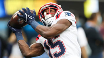 INGLEWOOD, CALIFORNIA - OCTOBER 31: Nelson Agholor #15 of the New England Patriots warms up before the game against the Los Angeles Chargers at SoFi Stadium on October 31, 2021 in Inglewood, California. (Photo by Meg Oliphant/Getty Images)