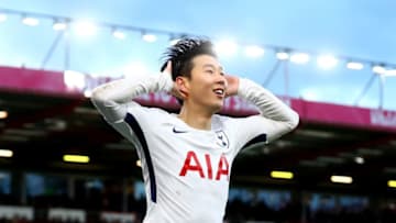 BOURNEMOUTH, ENGLAND - MARCH 11: Heung-Min Son of Tottenham Hotspur celebrates after scoring his sides third goal during the Premier League match between AFC Bournemouth and Tottenham Hotspur at Vitality Stadium on March 11, 2018 in Bournemouth, England. (Photo by Clive Rose/Getty Images)