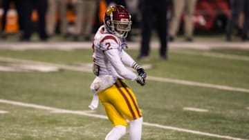 SALT LAKE CITY, UT - NOVEMBER 21: Olaijah Griffin #2 of the USC Trojans reacts after making a tackle against the Utah Utes during their game November 21, 2020 at Rice Eccles Stadium in Logan, Utah. (Photo by Chris Gardner/Getty Images)