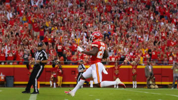 KANSAS CITY, MO - AUGUST 24: Kansas City Chiefs running back Damien Williams (26) crossing the goal line at the end of a 62-yard touchdown reception in the first quarter of an NFL preseason game between the San Francisco 49'ers and Kansas City Chiefs on August 24, 2019 at Arrowhead Stadium in Kansas City, MO. (Photo by Scott Winters/Icon Sportswire via Getty Images)