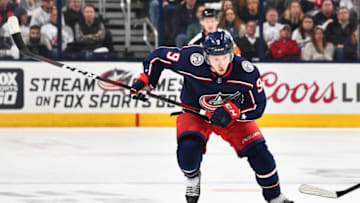 COLUMBUS, OH - APRIL 23: Artemi Panarin #9 of the Columbus Blue Jackets skates against the Washington Capitals in Game Six of the Eastern Conference First Round during the 2018 NHL Stanley Cup Playoffs on April 23, 2018 at Nationwide Arena in Columbus, Ohio. (Photo by Jamie Sabau/NHLI via Getty Images) *** Local Caption *** Artemi Panarin