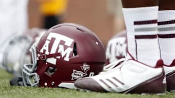Sept 15, 2012; Dallas, TX, USA; A Texas A&M Aggies helmet sits on the ground against the Southern Methodist Mustangs during the fourth quarter at Gerald J. Ford Stadium. Texas A&M won 48-3. Mandatory Credit: Thomas Campbell-USA TODAY Sports