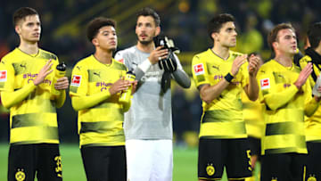 DORTMUND, GERMANY - NOVEMBER 4: Julian Weigl of Dortmund , Jadon Sancho of Dortmund , Roman Büerki , Marc Bartra of Dortmund and Mario Goetze of Dortmund looks dejected after the German Bundesliga match between Borussia Dortmund v Bayern Munchen at the Signal Iduna Park on November 4, 2017 in Dortmund Germany. (Photo by TF-Images/TF-Images via Getty Images)