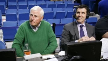 Feb 27, 2014; Lexington, KY, USA; ESPN announcers Bobby Knight and Rece Davis before the Kentucky Wildcats game against the Arkansas Razorbacks at Rupp Arena. Mandatory Credit: Mark Zerof-USA TODAY Sports