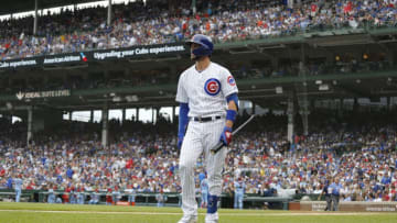 CHICAGO, ILLINOIS - SEPTEMBER 21: Kris Bryant #17 of the Chicago Cubs struck out during the second inning of a game against the St. Louis Cardinals at Wrigley Field on September 21, 2019 in Chicago, Illinois. (Photo by Nuccio DiNuzzo/Getty Images)