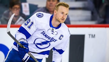 Jan 5, 2016; Calgary, Alberta, CAN; Tampa Bay Lightning center Steven Stamkos (91) skates during the warmup period against the Calgary Flames at Scotiabank Saddledome. Calgary Flames won 3-1. Mandatory Credit: Sergei Belski-USA TODAY Sports