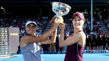 AUCKLAND, NEW ZEALAND - JANUARY 06: Eugenie Bouchard of Canada celebrates with Sofia Kenin of USA after winning the the Women's doubles final match against Taylor Townsend of USA and Paige Hourigan of New Zealand on January 06, 2019 in Auckland, New Zealand. (Photo by Hannah Peters/Getty Images)