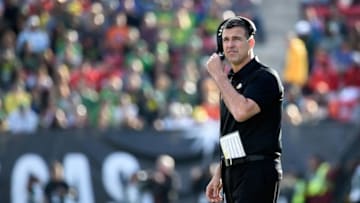 LAS VEGAS, NV - DECEMBER 16: Head coach Mario Cristobal of the Oregon Ducks looks on during the Las Vegas Bowl against the Boise State Broncos at Sam Boyd Stadium on December 16, 2017 in Las Vegas, Nevada. Boise State won 38-28. (Photo by David Becker/Getty Images)