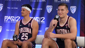 Oct 26, 2022; San Francisco, CA, USA; Arizona Wildcats guard Kerr Kriisa (25) and forward Azuolas Tubelis (10) during Pac-12 Media Day at Pac-12 Network Studios. Mandatory Credit: Kirby Lee-USA TODAY Sports