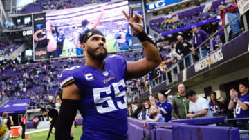 MINNEAPOLIS, MINNESOTA - JANUARY 09: Anthony Barr #55 of the Minnesota Vikings waves to fans in the stands fan as he walks off the field after a 31-17 win over the Chicago Bears at U.S. Bank Stadium on January 09, 2022 in Minneapolis, Minnesota. (Photo by Stephen Maturen/Getty Images)
