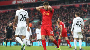 LIVERPOOL, ENGLAND - JANUARY 21: Adam Lallana of Liverpool reacts during the Premier League match between Liverpool and Swansea City at Anfield on January 21, 2017 in Liverpool, England. (Photo by Julian Finney/Getty Images)