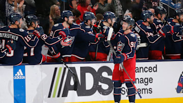 Feb 16, 2023; Columbus, Ohio, USA; Columbus Blue Jackets left wing Kent Johnson (91) celebrates his goal against the Winnipeg Jets during the third period at Nationwide Arena. Mandatory Credit: Russell LaBounty-USA TODAY Sports