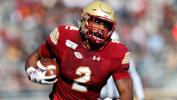 CHESTNUT HILL, MASSACHUSETTS - OCTOBER 19: AJ Dillon #2 of the Boston College Eagles runs the ball during the first half of the game between the Boston College Eagles and the North Carolina State Wolfpack at Alumni Stadium on October 19, 2019 in Chestnut Hill, Massachusetts. (Photo by Maddie Meyer/Getty Images)