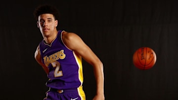 GREENBURGH, NY - AUGUST 11: Lonzo Ball of the Los Angeles Lakers poses for a portrati during the 2017 NBA Rookie Photo Shoot at MSG Training Center on August 11, 2017 in Greenburgh, New York. NOTE TO USER: User expressly acknowledges and agrees that, by downloading and or using this photograph, User is consenting to the terms and conditions of the Getty Images License Agreement. (Photo by Elsa/Getty Images)