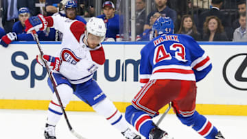 NEW YORK, NY - MARCH 01: Montreal Canadiens Center Max Domi (13) and New York Rangers Defenceman Libor Hajek (43) in action during the third period of the National Hockey League game between the Montreal Canadiens and the New York Rangers on March 1, 2019 at Madison Square Garden in New York, NY. (Photo by Joshua Sarner/Icon Sportswire via Getty Images)