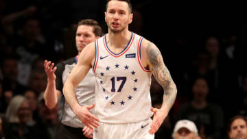NEW YORK, NEW YORK - APRIL 20: JJ Redick #17 of the Philadelphia 76ers reacts in the first half against the Brooklyn Nets at Barclays Center on April 20, 2019 in the Brooklyn borough of New York City. NOTE TO USER: User expressly acknowledges and agrees that, by downloading and or using this photograph, User is consenting to the terms and conditions of the Getty Images License Agreement. (Photo by Elsa/Getty Images)