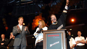 California Governor Arnold Schwarzenegger with Anaheim Ducks owners Susan and Henry Samueli during the Anaheim Ducks Stanley Cup rally and celebration at the Honda Center. (Photo by John Cordes/Icon SMI/Icon Sport Media via Getty Images)
