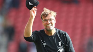 SOUTHAMPTON, ENGLAND - AUGUST 17: Jurgen Klopp, Manager of Liverpool acknowledges the fans following his teams victory in the Premier League match between Southampton FC and Liverpool FC at St Mary's Stadium on August 17, 2019 in Southampton, United Kingdom. (Photo by Catherine Ivill/Getty Images)