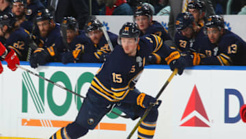 BUFFALO, NY - MARCH 29: Jack Eichel #15 of the Buffalo Sabres skates during an NHL game against the Detroit Red Wings on March 29, 2018 at KeyBank Center in Buffalo, New York. (Photo by Bill Wippert/NHLI via Getty Images) *** Local Caption *** Jack Eichel