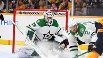 Feb 24, 2022; Nashville, Tennessee, USA; Dallas Stars goaltender Jake Oettinger (29) during the first period against the Nashville Predators at Bridgestone Arena. Mandatory Credit: Christopher Hanewinckel-USA TODAY Sports