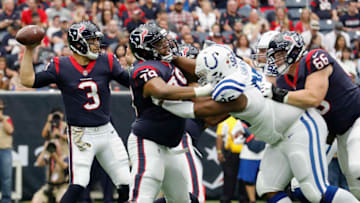 HOUSTON, TX - NOVEMBER 05: Tom Savage #3 of the Houston Texans looks to pass as Jeff Allen #79 blocks Johnathan Hankins #95 of the Indianapolis Colts in the third quarter at NRG Stadium on November 5, 2017 in Houston, Texas. (Photo by Tim Warner/Getty Images)