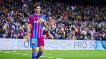 Barcelona's Sergi Roberto looks on during the LaLiga Santander match against Valencia CF at Camp Nou on October 17, 2021 in Barcelona, Spain. (Photo by Pedro Salado/Quality Sport Images/Getty Images)