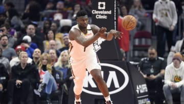 CLEVELAND, OHIO - JANUARY 28: Zion Williamson #1 of the New Orleans Pelicans passes down court during the first half against the Cleveland Cavaliers at Rocket Mortgage Fieldhouse on January 28, 2020 in Cleveland, Ohio. NOTE TO USER: User expressly acknowledges and agrees that, by downloading and/or using this photograph, user is consenting to the terms and conditions of the Getty Images License Agreement. (Photo by Jason Miller/Getty Images)