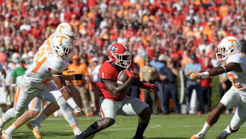 Oct 1, 2016; Athens, GA, USA; Georgia Bulldogs running back Sony Michel (1) runs for a touchdown against the Tennessee Volunteers during the first quarter at Sanford Stadium. Mandatory Credit: Dale Zanine-USA TODAY Sports