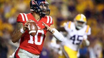 BATON ROUGE, LA - SEPTEMBER 29: Quarterback Jordan Ta'amu #10 of the Mississippi Rebels throws the ball during the third quarter against the LSU Tigers at Tiger Stadium on September 29, 2018 in Baton Rouge, Louisiana. (Photo by Marianna Massey/Getty Images)