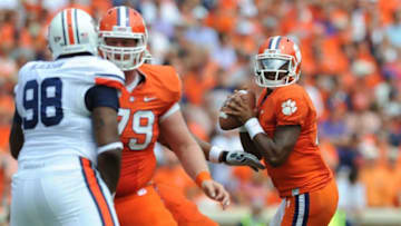 Clemson quarterback Tajh Boyd (10) looks to pass against Auburn during the 2nd quarter Saturday, September 17, 2011 at Clemson's Memorial Stadium. BART BOATWRIGHT/StaffFootball 2011
