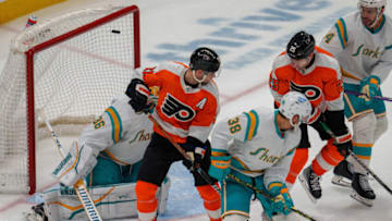 Dec 29, 2022; San Jose, California, USA; San Jose Sharks goaltender Kaapo Kahkonen (36) cannot stop a shot on goal during the third period to tie the game against the Philadelphia Flyers at SAP Center at San Jose. Mandatory Credit: Neville E. Guard-USA TODAY Sports