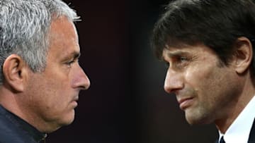 FILE PHOTO (EDITORS NOTE: GRADIENT ADDED - COMPOSITE OF TWO IMAGES - Image numbers (L) 615867896 and 648790080) In this composite image a comparision has been made between Jose Mourinho,Manager of Manchester United (L) and Antonio Conte, Manager of Chelsea. Chelsea and Manchester United meet a Premier Laegue match at Old Trafford on April 16, 2017 in Manchester,England. ***LEFT IMAGE*** MANCHESTER, ENGLAND - OCTOBER 20: Jose Mourinho the manager of Manchester United looks on during the UEFA Europa League Group A match between Manchester United FC and Fenerbahce SK at Old Trafford on October 20, 2016 in Manchester, England. (Photo by Laurence Griffiths/Getty Images) ***RIGHT IMAGE*** STRATFORD, ENGLAND - MARCH 06: Antonio Conte, Manager of Chelsea looks on during the Premier League match between West Ham United and Chelsea at London Stadium on March 6, 2017 in Stratford, England. (Photo by Julian Finney/Getty Images)Restrictions