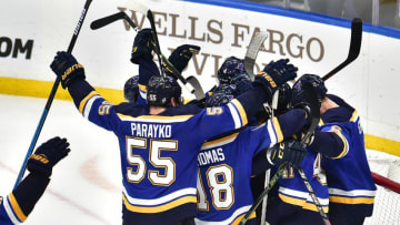 ST. LOUIS, MO - MAY 21: Blues players celebrate after winning game six of the NHL Western Conference Final between the San Jose Sharks and the St. Louis Blues, on May 21, 2019, at Enterprise Center, St. Louis, Mo. (Photo by Keith Gillett/Icon Sportswire via Getty Images)